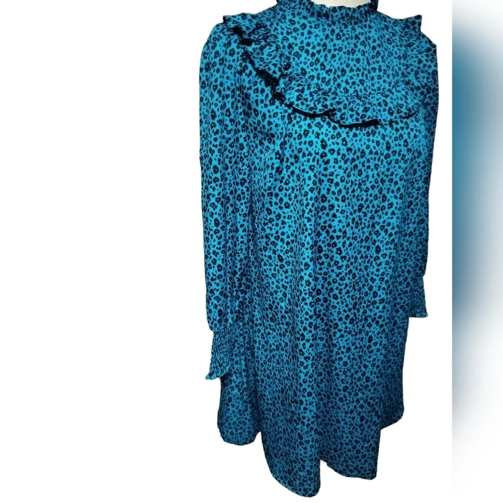 2461) New Look Blue Leopard Print Frill Smock Dress Size 10